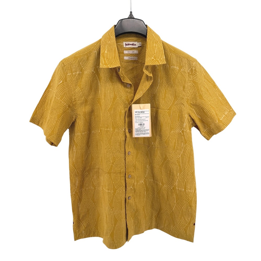 NEW FabIndia Bush Shirt Mens Small SS Mustard Yellow Dotted Straight Fit Cotton